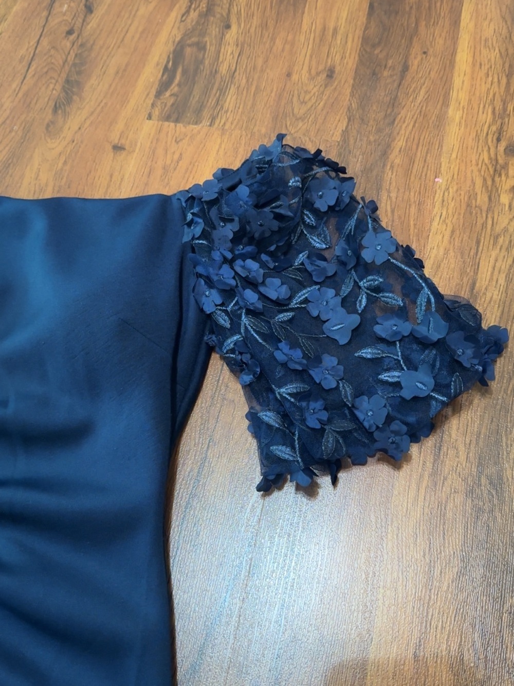 Xscape Navy One-Shoulder Evening Gown with 3D Floral Sleeves Formal - Picture 10 of 16